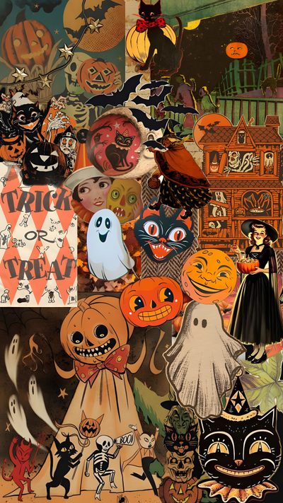 a collage of halloween images with pumpkins, cats and other things on them Vintage Halloween Collage Halloween Characters Collage, Vintage Halloween Scrapbook Ideas, Retro Halloween Desktop, saddle brown