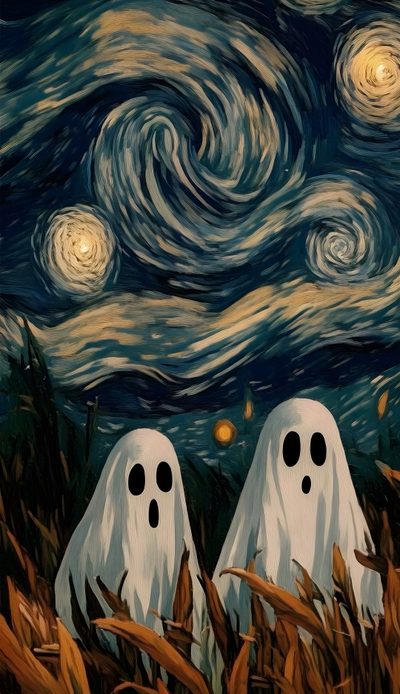 two white ghost faces are in the grass under a starry night Van Gogh Halloween Oil Pastel Paintings, Whimsical Paintings, Halloween Painting, dark slate gray