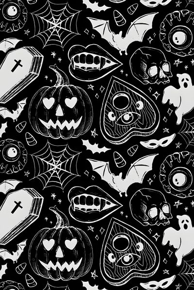 black and white halloween themed wallpaper with skulls, bats, pumpkins and ghost heads Gothic Halloween Pattern In Black And Alexander Mcqueen Scarf, Halloween Ouija,