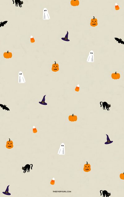 halloween wallpaper with pumpkins, ghost and black cats on grey background for kids'room Halloween Autumn Small Scale Small Halloween, Light Halloween, Halloween Background Insta, gainsboro