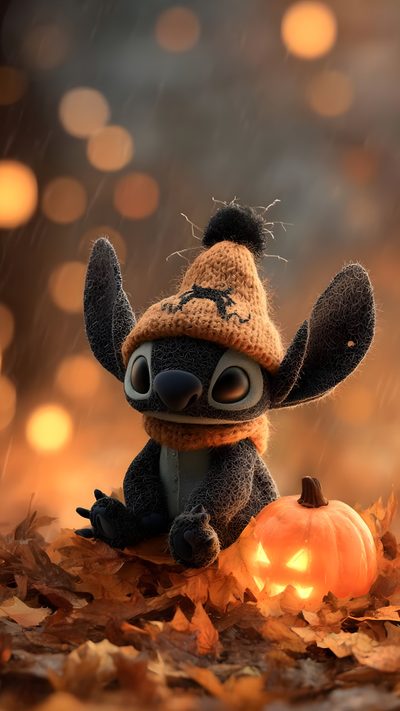 a stuffed animal wearing a knitted hat and scarf sitting on leaves in the rain Lock Screen Stitch Halloween Stitch Fall, Stitch Fall Iphone, Autumn Stitch, Fall Stitch, dark olive green