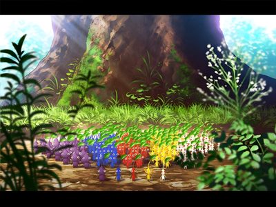 there are many colorful plastic elephants in the forest Pikmin Halloween Pikmin Colors, Pikmin Colours, Pikmin Game Scene With Characters, dark olive green