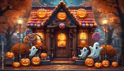 a house decorated for halloween with pumpkins and jack - o'- lanterns Halloween Candy House Halloween, Whimsical Illustration, Spooky Halloween, Cute Animals, Animals, saddle brown