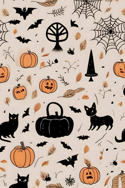 an image of halloween wallpaper with cats and pumpkins on it's side Halloween - Bats And Cats - Cream Halloween Pattern, Autumn Art, Halloween Simple, light gray