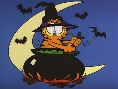 a cartoon cat sitting on top of a caulder with bats flying around it Halloween Garfield Garfield Magician, Magic Garfield, Garfield Witch, Halloween Garfield Pfp, dark slate blue