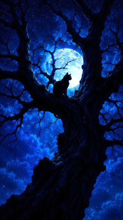 a cat sitting on top of a tree under a full moon Blue Halloween Iphone Blue, black