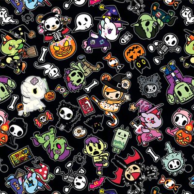 a bunch of stickers that are on a black background with skulls and pumpkins Tokidoki Halloween Skelanimals Laptop, Tokidoki Goth, Y2k Halloween Seamless Pattern, black