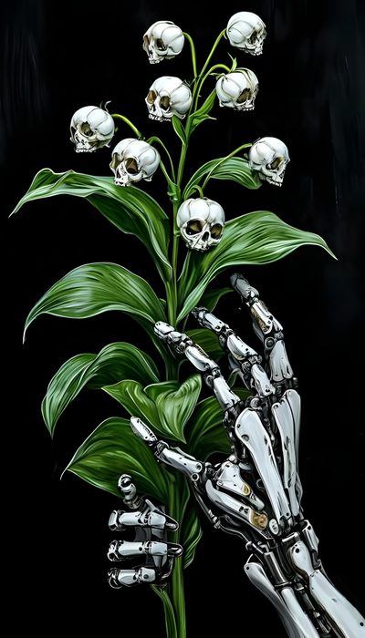 a skeleton hand holding a plant with white flowers Halloween Plant Skeleton With Flowers, Skeleton Hand, Skeleton Flowers, Grim Reaper Flower, black