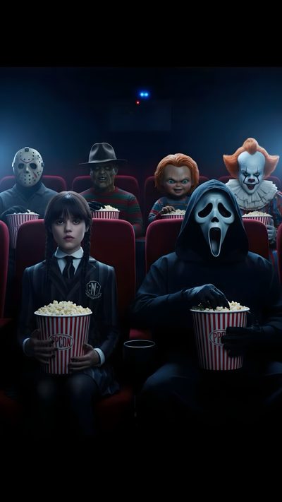 the movie poster for it's about time, with three people in masks and popcorn boxes Halloween Movies Horror Villains, Film Horror, Scary, Mulher Gato, Swag Cartoon, Horror Movie Posters, black