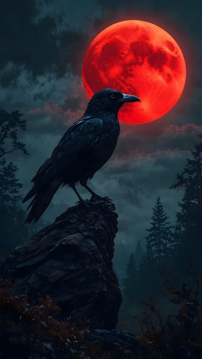 a black bird sitting on top of a rock under a red moon Halloween Raven Crow Aesthetic, Night Bird, Raven Photo, Crow Moon, Dark Animals, Black Crow Aesthetic,