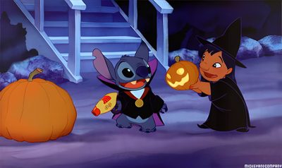 two cartoon characters dressed in halloween costumes and holding jack - o'- lanternes Halloween Stitch Gif Stitch Halloween Gif, Happy Halloween Stitch Gif, Halloween Stitch Gif, dark slate blue