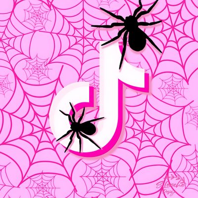 the letter j is made up of two black spider's on top of a pink background Tiktok Halloween Halloween Tiktok Logo, Pink Halloween App Icon, Pink And Black Spider Web, lavender