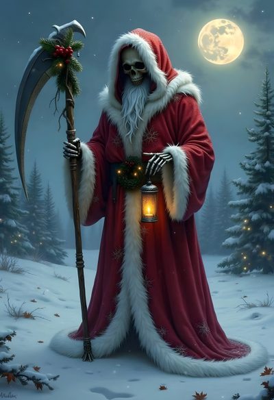 a painting of santa claus holding a lantern in the snow Halloween Santa Claus Scary Santa Claus, Creepy Santa, Evil Santa, Scary Santa, Santa Reaper, dim gray