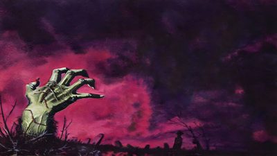 a painting of a zombie hand coming out of the ground with purple clouds in the background Halloween Rob Zombie Spooky Desktop, Vintage Horror Desktop, Horror Pc, Spooky 1920x1080, dark slate gray