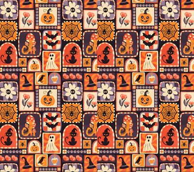 an orange and purple pattern with pumpkins, cats, and other things on it Halloween Celtic Tiles Custom Surface Design, Halloween, Design, chocolate
