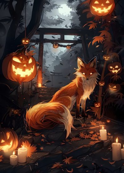 a fox sitting in the woods surrounded by pumpkins Therian Halloween Kitsune Pumpkin, Halloween Wolf, Halloween Dragon, Dragon Halloween, black