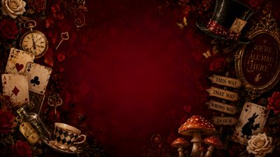an image of a red background with playing cards and mushrooms on it, including a top hat Halloween Alice Custom Mad Hatter Aesthetic, Hp Laptop Aesthetic, Alice In Wonderland, black