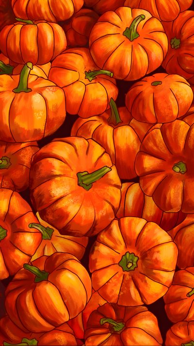 a painting of many orange pumpkins stacked on top of each other Pumpkin Halloween Pumpkins Background, Orange Thanksgiving, Colorful Pumpkins, firebrick