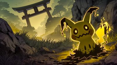 a cartoon pikachu standing in the middle of a forest Halloween Mimikyu Mimikyu Pc, Pokemon Game Intro, Mimikyu Laptop, Pokemon Pc, dark olive green