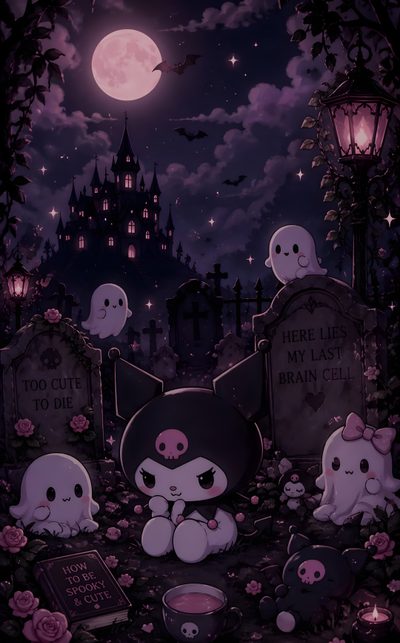 an image of a cemetery scene with ghost cats Halloween Kuromi Aesthetic Witchy Phone Aesthetic, Cute Grunge, Creepy Cute Aesthetic, Cute Emo, black