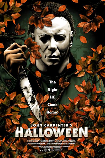 a movie poster for halloween with the face of a man holding a knife and surrounded by leaves Halloween 1978 Michael Myers Halloween 1978 Halloween X Movie, Halloween Fan Poster, Mike Myers Horror, black