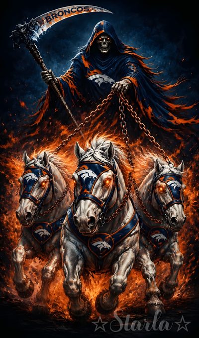 three white horses pulling a man on a horse drawn carriage with flames behind them and a grimic sign above it Broncos Halloween Dragon Skull Drawing Reference, The Grand Reaper, Cerberus, Soul Reaper, Bhoot Ghost, black