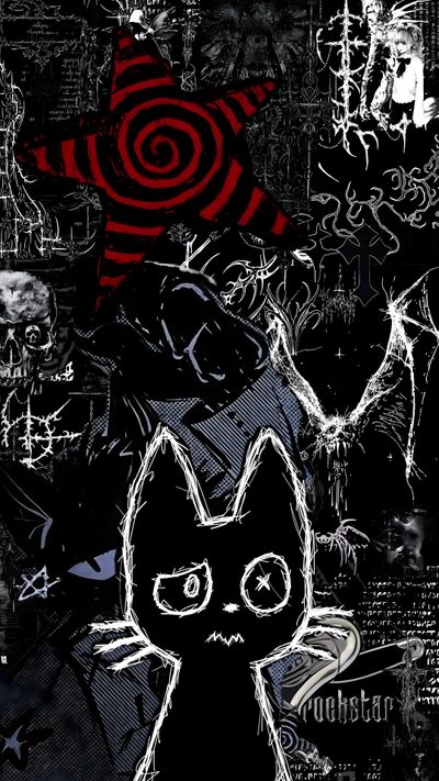 a black cat sitting on top of a table next to a red star and other items Lockscreen Grunge Edgy Aesthetic Halloween Emo, Goth, Desain Quilling, Gothic, Edgy, black