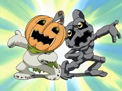 two cartoon characters dressed in halloween costumes Digimon Halloween Craniummon Digimon, Digimon Halloween, Pumpkinmon Gif, Digimon Pumpkinmon, silver