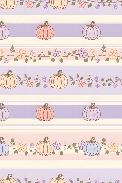 a striped background with pumpkins and flowers on the bottom, in pastel colors Pastel Halloween Medium-pumpkin Patch Halloween Graphics, Paper, Fall Prints, Floral Vine, misty rose