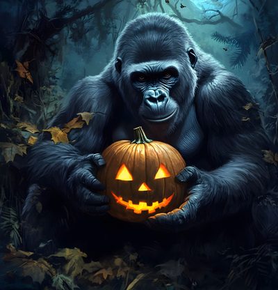 a gorilla holding a pumpkin in its hands Gorilla Tag Halloween Gorilla Tag Halloween, Scary King Kong, Halloween Monkey, black