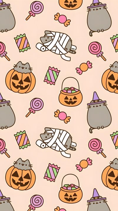a halloween themed wallpaper with candy, candies and pumpkins on pink background Aesthetic Halloween Pusheen Candy Corn Cat, Cute Kawaii Halloween, Pushers Halloween, blanched almond