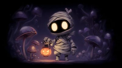 a cartoon character holding a lantern in front of some mushrooms with glowing eyes on them Halloween Mummies Pc Halloween, 1920x1080 Halloween, Engine Halloween, Halloween Pc, Chibi Mummy, black