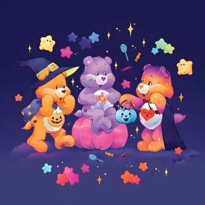 there are many teddy bears dressed up as witches and wizard's in the night sky Care Bears Halloween Aesthetic Halloween Care Bear, Care Bears Halloween Background, Care Bear Fall, dark slate gray