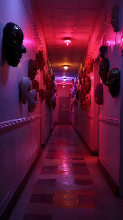 a long hallway with red lights and masks on the wall Halloween Hallway Horror Escape Room Design, Evil Party, Haunted Fair, Dark Red Lighting, maroon