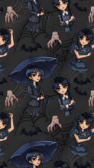a woman holding an umbrella while standing in front of a spider web pattern on a black background Wednesday Addams Halloween Wednesday Addams Ipad, Wednesday Cartoon, Wednesday Background Addams, dark slate gray