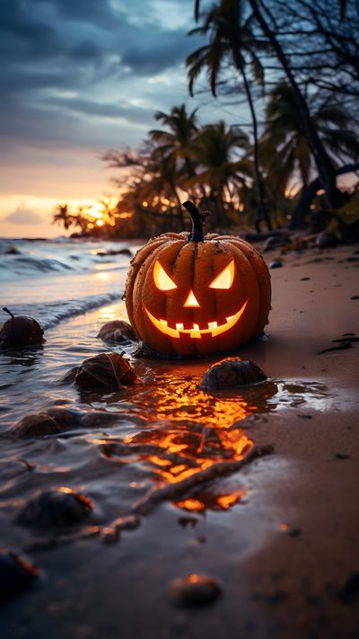 a carved jack o lantern sitting on top of a beach next to the ocean at sunset Beach Halloween Halloween Summer, Summer Halloween, Happy Halloween Aesthetic, October Beach, dark slate gray