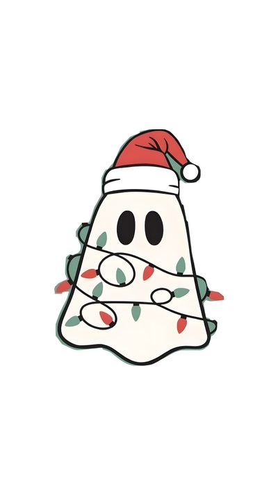 a white christmas bell with a santa hat on it's head and lights around its neck Cute Halloween And Christmas Dark, Easy Drawings, Door Decorations, Ghost, Drawings, white