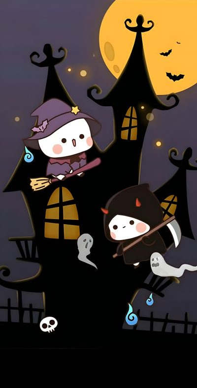 two little kids dressed up as witches in front of a house at night with the moon behind them Bubu Dudu Halloween Bubu Dudu Halloween, Milk And Mocha Bear Halloween, Milk Mocha Halloween, dark slate gray