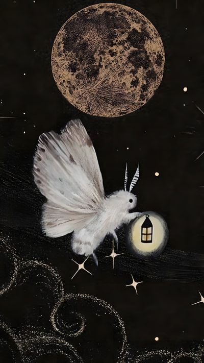 a drawing of a white bird flying in front of the moon with stars and a house on it Halloween Moth Moth Background Aesthetic, Gothic Faries, Dark Fantasy Moth, Moth Backgrounds, black