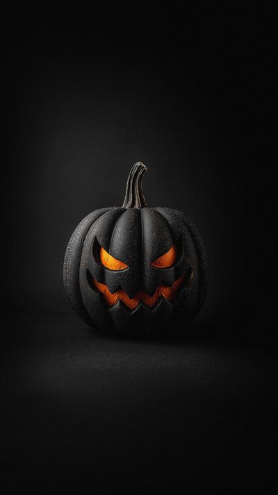a black pumpkin with glowing eyes on it's face, in the middle of a dark background Apple Halloween 4k Dark Halloween 4k, Halloween Black, Halloween Black Background, Black Halloween 4k,