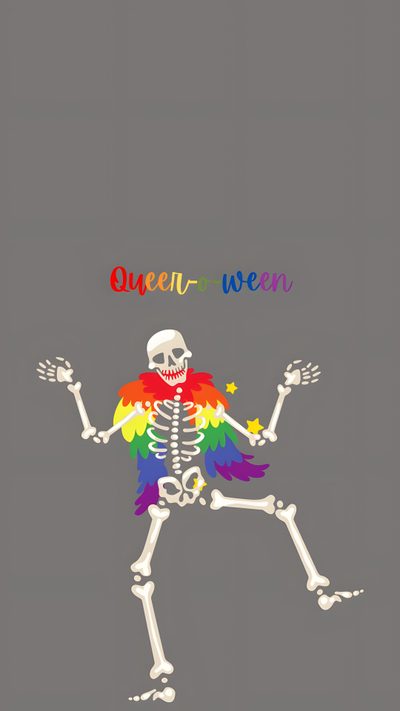 a skeleton is dancing with the words queen - we are Gay Halloween Halloween Costume Inspiration, Pride Month Decoration Ideas, Queer-o-ween Celebration Art, dim gray