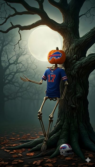 a skeleton in a blue shirt is standing next to a tree with a soccer ball on it Buffalo Bills Halloween Buffalo Bills Iphone, Buffalo Bills Phone, Buffalo Bills Thanksgiving, dark slate gray