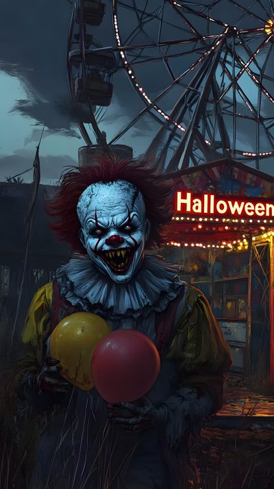 a creepy clown holding a balloon in front of a carnival ride with a ferris wheel Clown Halloween Halloween Circus Background, Art The Clown Hd, Horror Scary, Scary Halloween Iphone, black