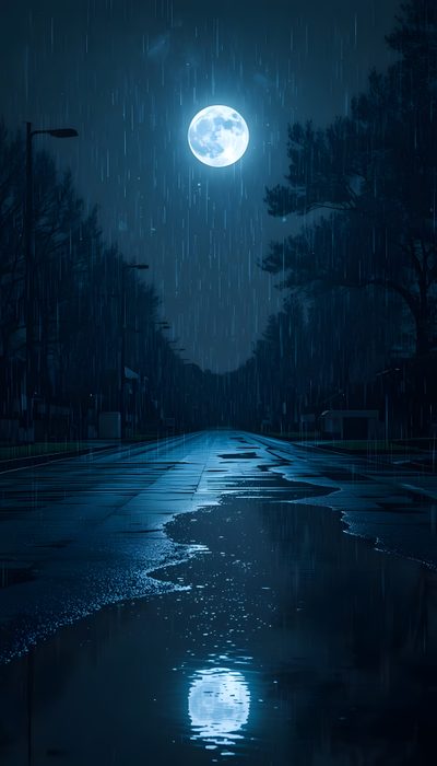 a full moon shines in the night sky above a wet street with puddles Rainy Halloween Night Sky Beautiful Night Rain Moon, Beautiful Rain Moon, Rain And Moon, midnight blue