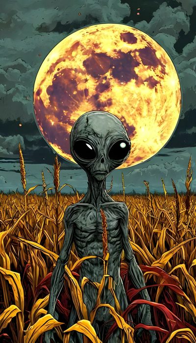 an alien standing in the middle of a corn field with a full moon behind it Alien Halloween Alien Iphone, Extraterrestrial, Aliens Iphone, Alien Art Drawing, dark olive green