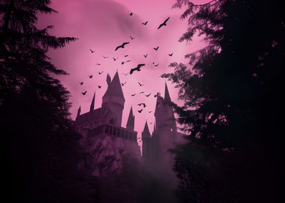 birds flying in the sky over a castle with bats on it's spires Pink Halloween Macbook Castle With Birds Flying At Sunset, Fantasy Art Background Ideas, Fantasy Castle Silhouette, black