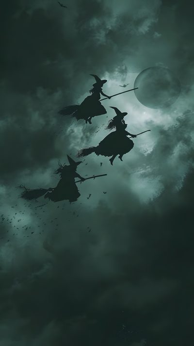 three witches flying in the sky at night Vintage Halloween Witch Scary, Halloween Backgrounds, Halloween, Season Of The Witch, Warface, dark slate gray
