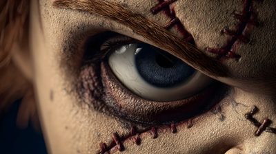 a close up of a person's eye with stitches on it Halloween Chucky 2k Pc, Chucky Halloween, Chicana Style, Y2k Art, Chucky Doll, dark olive green