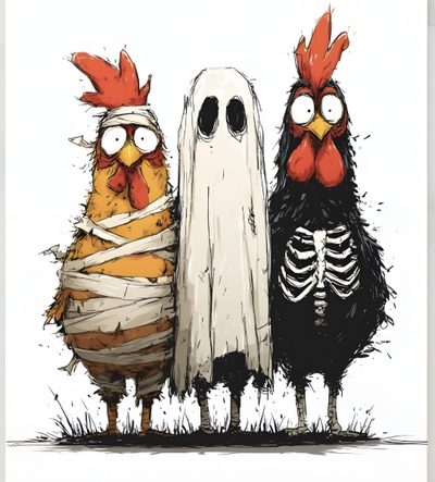three chickens dressed up in halloween costumes, one with a skeleton wrapped around his body Halloween Chicken Cute Monsters, Chicken Painting, Cartoon Character Design, Animal Illustration, linen