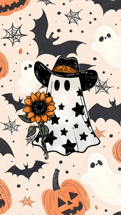 a halloween background with pumpkins, bats and a scarecrow wearing a cowboy hat Halloween Cowgirl Autumn Halloween Decor, Cute Halloween Ghost With Sunflower, Diy Halloween Decorations, antique white